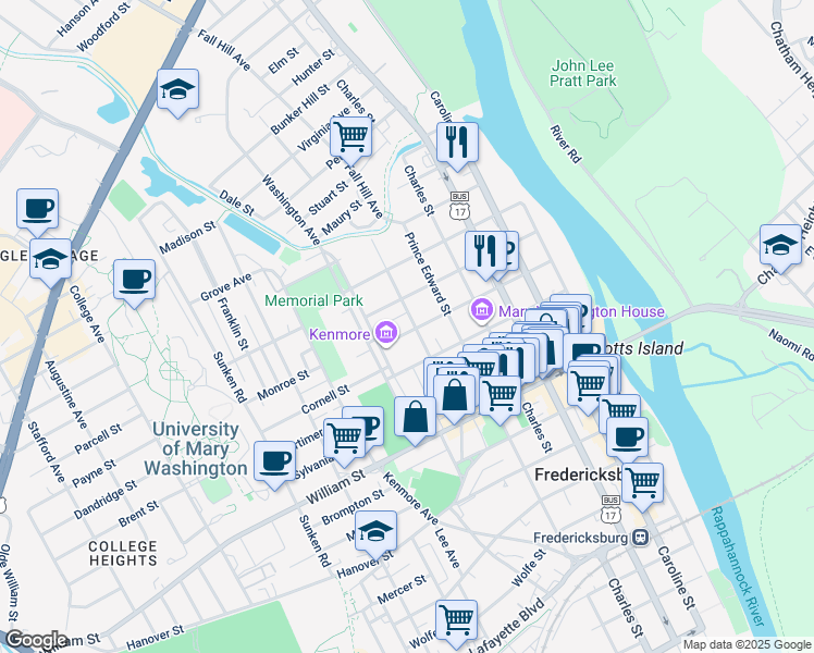 map of restaurants, bars, coffee shops, grocery stores, and more near 603 Fauquier Street in Fredericksburg