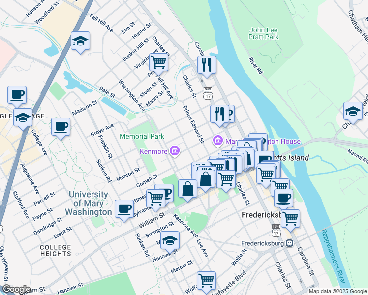 map of restaurants, bars, coffee shops, grocery stores, and more near 603 Fauquier Street in Fredericksburg