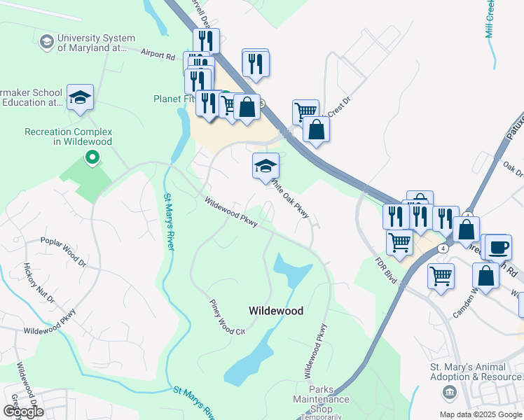 map of restaurants, bars, coffee shops, grocery stores, and more near 23425 White Birch Court in California