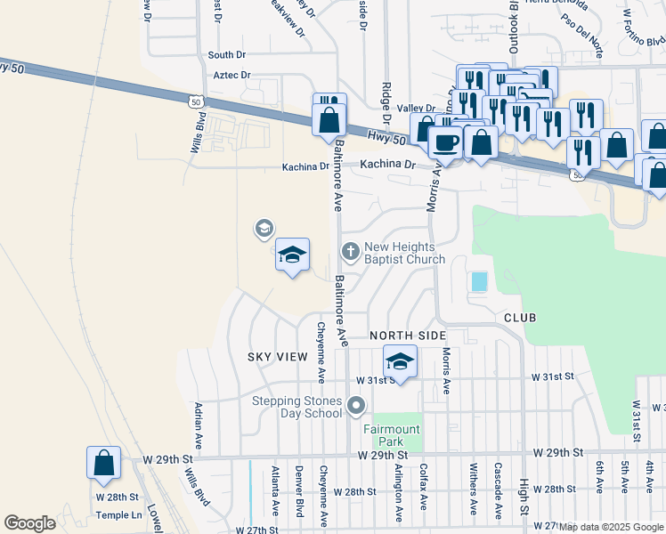 map of restaurants, bars, coffee shops, grocery stores, and more near 3405 Baltimore Avenue in Pueblo