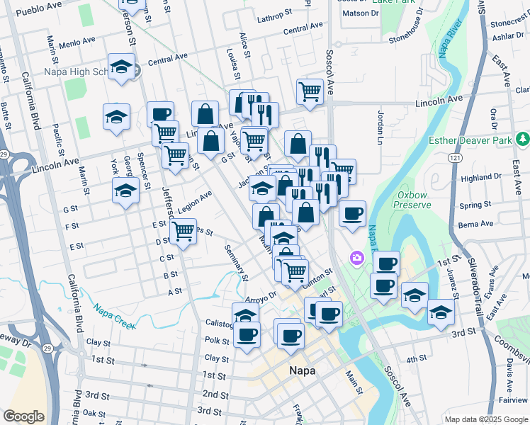 map of restaurants, bars, coffee shops, grocery stores, and more near 920 Yount Street in Napa