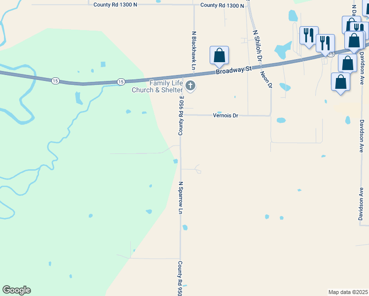 map of restaurants, bars, coffee shops, grocery stores, and more near 12242-12564 County Road 950 East in Mount Vernon
