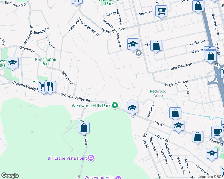 map of restaurants, bars, coffee shops, grocery stores, and more near 3138 Browns Valley Road in Napa