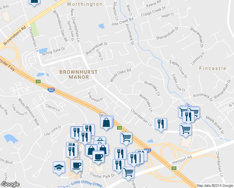 map of restaurants, bars, coffee shops, grocery stores, and more near 4108 RiverOaks Lane in Louisville