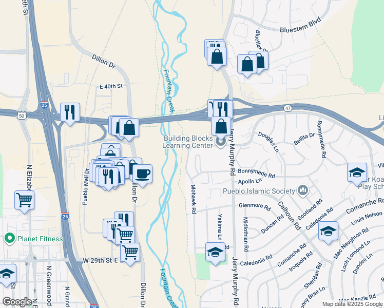 map of restaurants, bars, coffee shops, grocery stores, and more near 16 Montebello Road in Pueblo