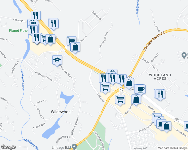 map of restaurants, bars, coffee shops, grocery stores, and more near 23580 FDR Boulevard in California