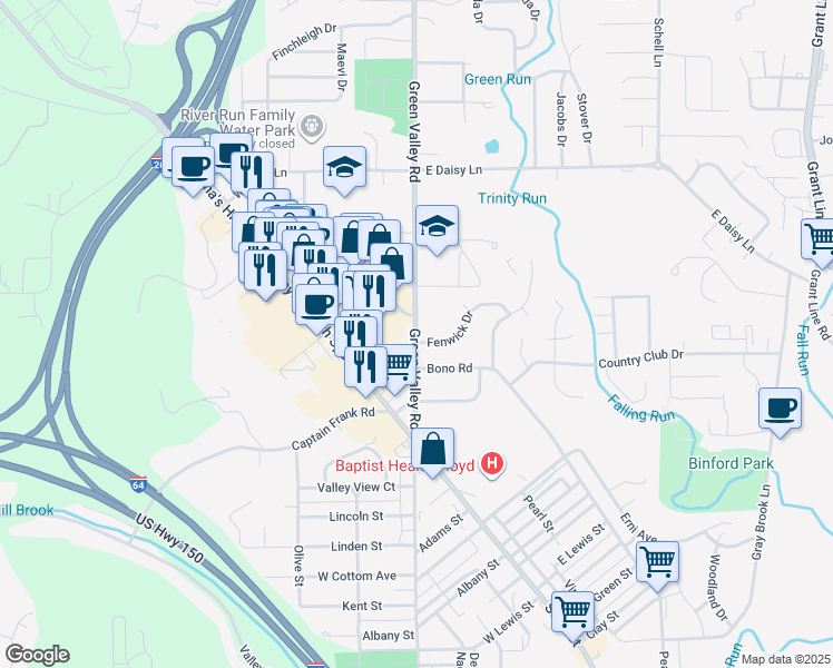 map of restaurants, bars, coffee shops, grocery stores, and more near 2230 Green Valley Road in New Albany
