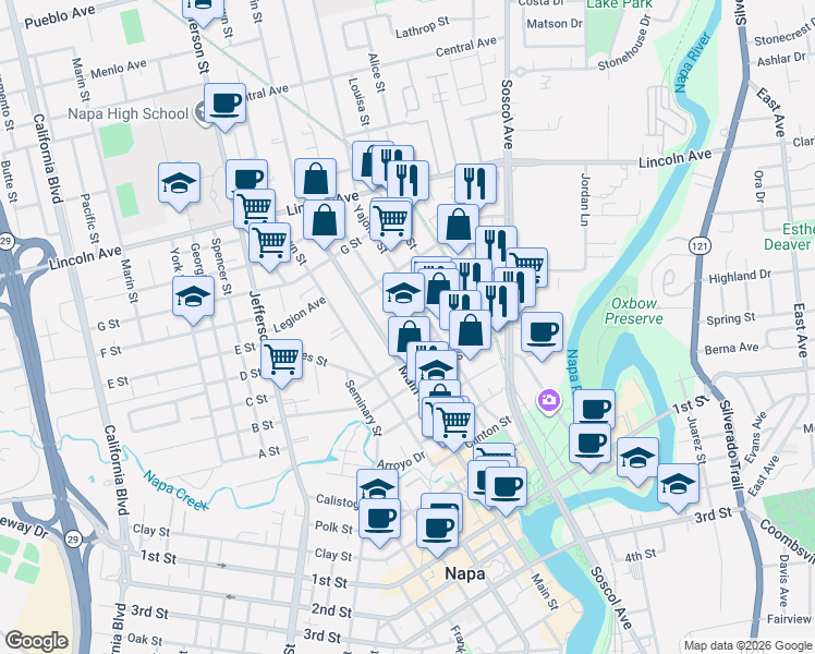 map of restaurants, bars, coffee shops, grocery stores, and more near 920 Yount Street in Napa