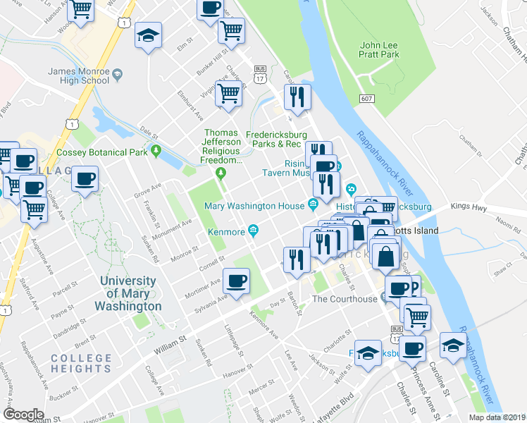 map of restaurants, bars, coffee shops, grocery stores, and more near 1302 Winchester Street in Fredericksburg