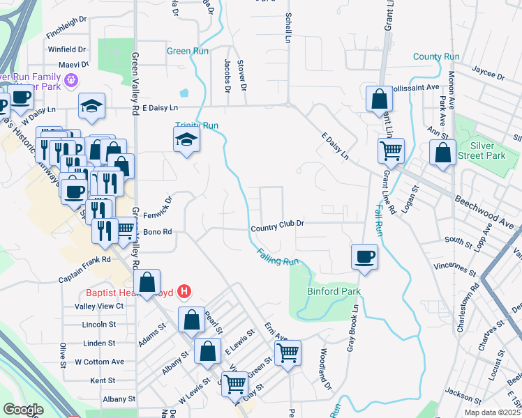 map of restaurants, bars, coffee shops, grocery stores, and more near Village Drive West in New Albany