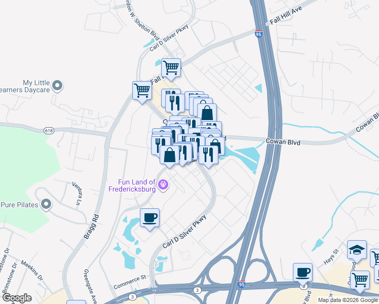 map of restaurants, bars, coffee shops, grocery stores, and more near 1380 Carl D. Silver Parkway in Fredericksburg