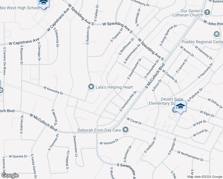 map of restaurants, bars, coffee shops, grocery stores, and more near 485 West Bellflower Drive in Pueblo West