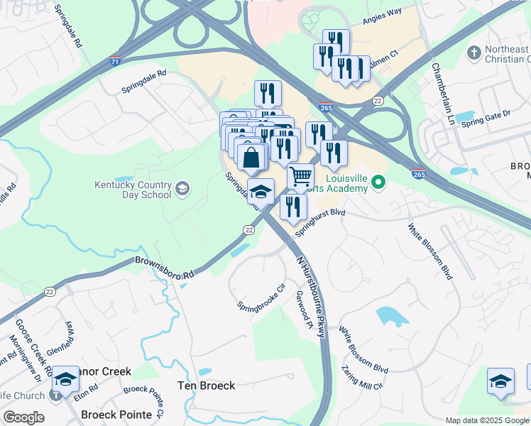 map of restaurants, bars, coffee shops, grocery stores, and more near 4300 Summit Plaza Drive in Louisville