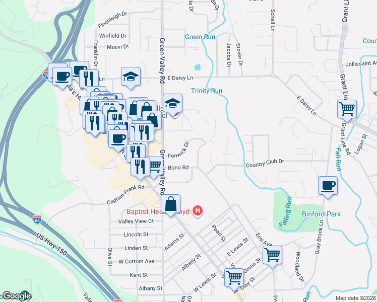 map of restaurants, bars, coffee shops, grocery stores, and more near 526 Fenwick Drive in New Albany