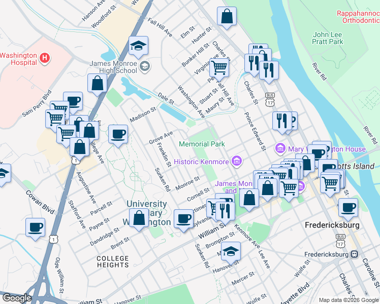 map of restaurants, bars, coffee shops, grocery stores, and more near 1400 Kenmore Avenue in Fredericksburg