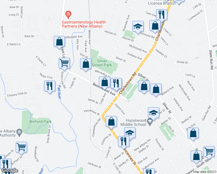 map of restaurants, bars, coffee shops, grocery stores, and more near 201 Bulkeley Drive in New Albany