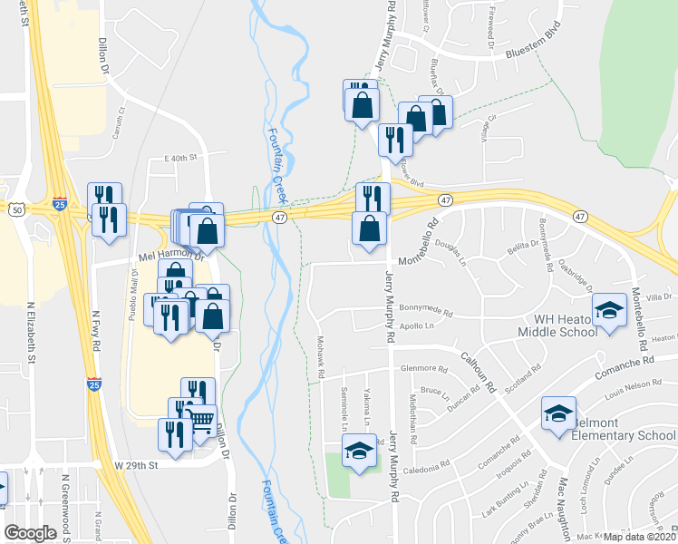 map of restaurants, bars, coffee shops, grocery stores, and more near 16 Montebello Road in Pueblo