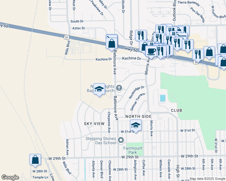 map of restaurants, bars, coffee shops, grocery stores, and more near 3405 Baltimore Avenue in Pueblo
