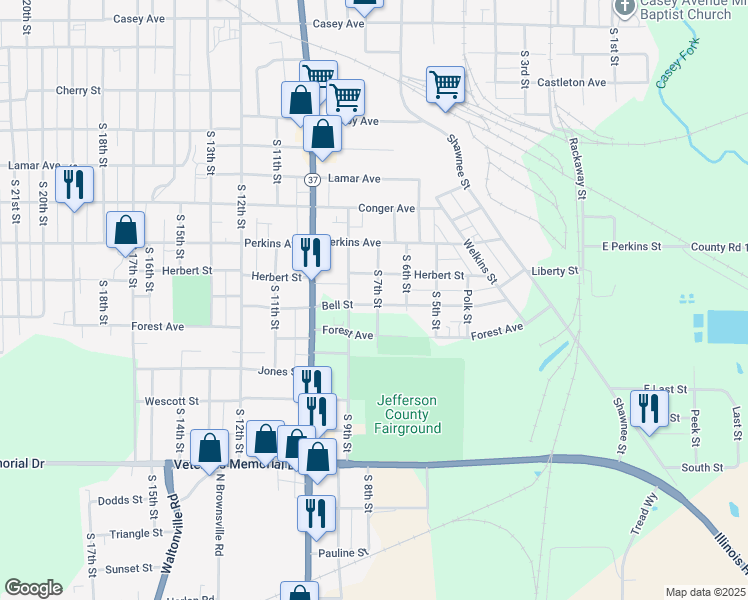 map of restaurants, bars, coffee shops, grocery stores, and more near 700 Bell Street in Mount Vernon