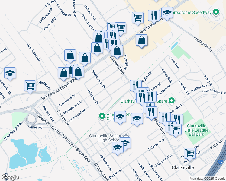 map of restaurants, bars, coffee shops, grocery stores, and more near 105 East Lynnwood Drive in Clarksville