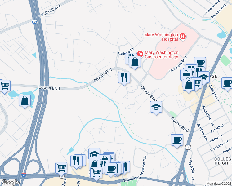 map of restaurants, bars, coffee shops, grocery stores, and more near 2526 Carriage Ln in Fredericksburg