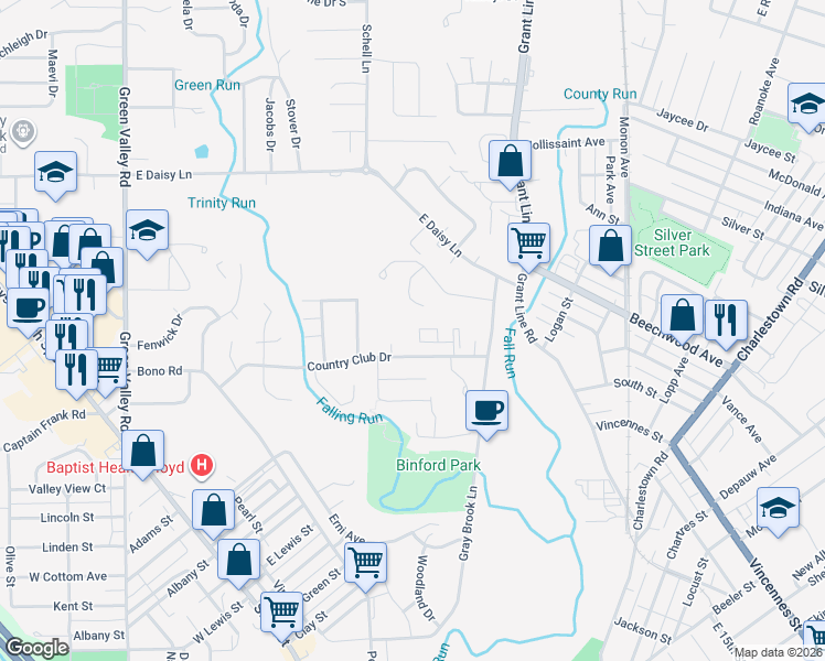 map of restaurants, bars, coffee shops, grocery stores, and more near 600 Country Club Drive in New Albany
