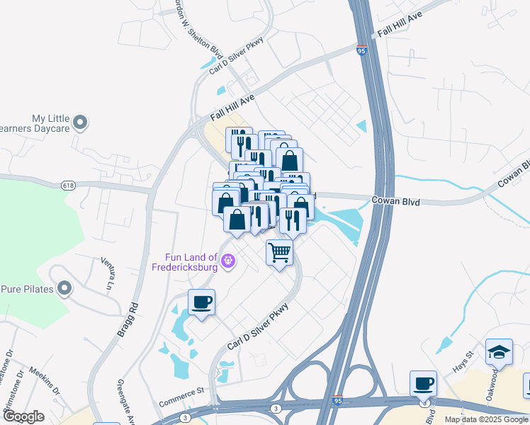 map of restaurants, bars, coffee shops, grocery stores, and more near 1380 Carl D. Silver Parkway in Fredericksburg