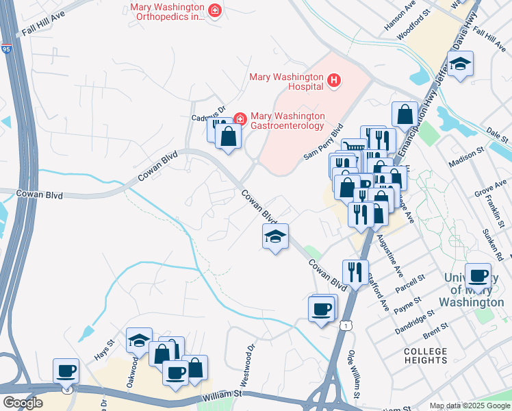 map of restaurants, bars, coffee shops, grocery stores, and more near 2350 Cowan Boulevard in Fredericksburg