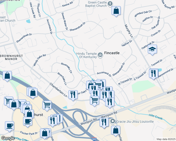 map of restaurants, bars, coffee shops, grocery stores, and more near 4404 Eagles Cove Court in Louisville
