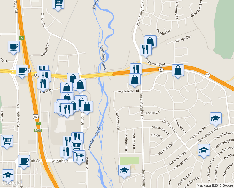 map of restaurants, bars, coffee shops, grocery stores, and more near 4 Montebello Road in Pueblo