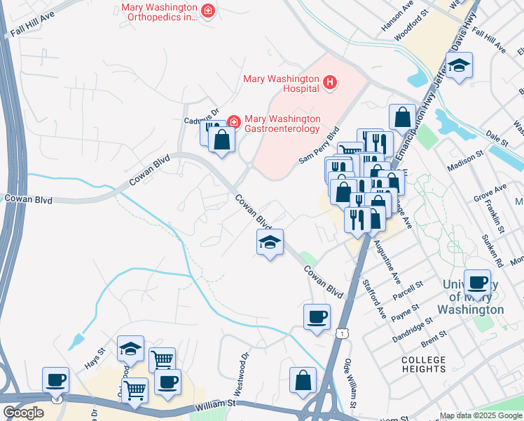 map of restaurants, bars, coffee shops, grocery stores, and more near 2305 Cowan Boulevard in Fredericksburg