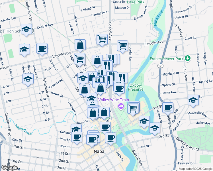 map of restaurants, bars, coffee shops, grocery stores, and more near 1615 Soscol Avenue in Napa