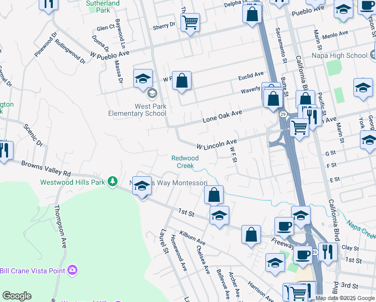 map of restaurants, bars, coffee shops, grocery stores, and more near 2145 W Lincoln Ave in Napa