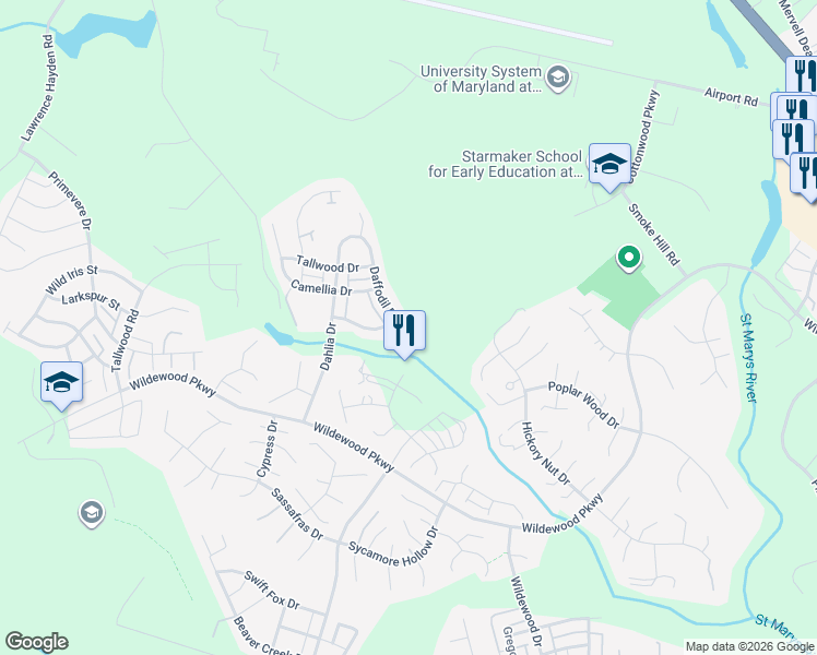map of restaurants, bars, coffee shops, grocery stores, and more near 23210 Daffodil Drive in California