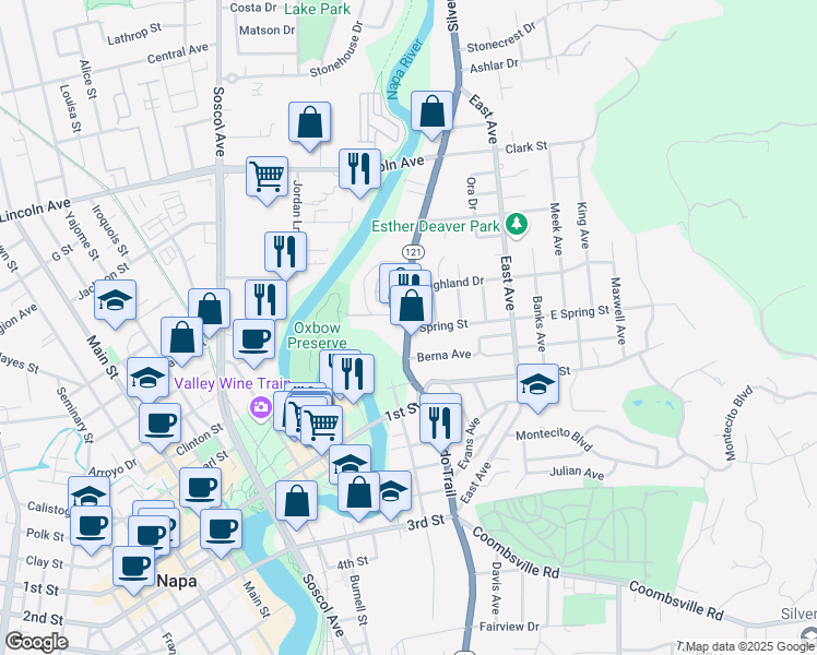 map of restaurants, bars, coffee shops, grocery stores, and more near 1515 Silverado Trail in Napa
