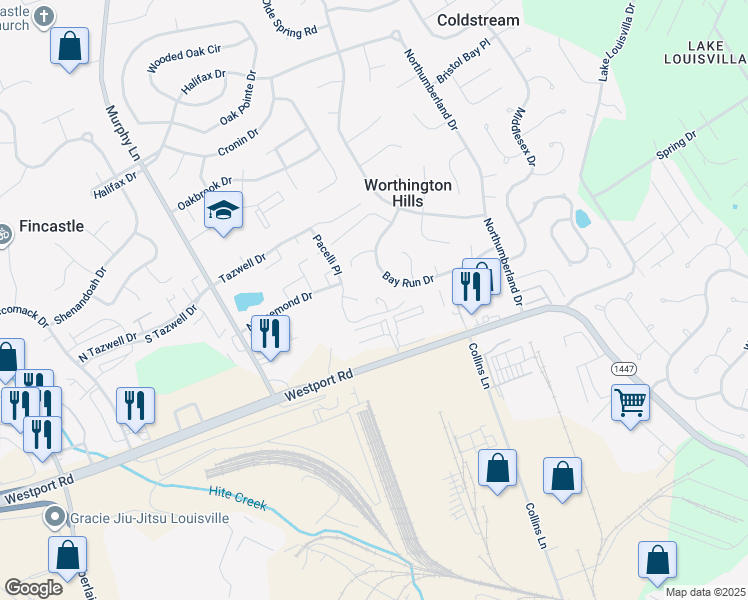 map of restaurants, bars, coffee shops, grocery stores, and more near 12202 Hideaway Court in Worthington Hills