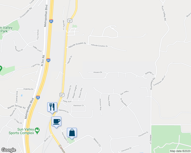 map of restaurants, bars, coffee shops, grocery stores, and more near 1267 Riesling Lane in Pevely