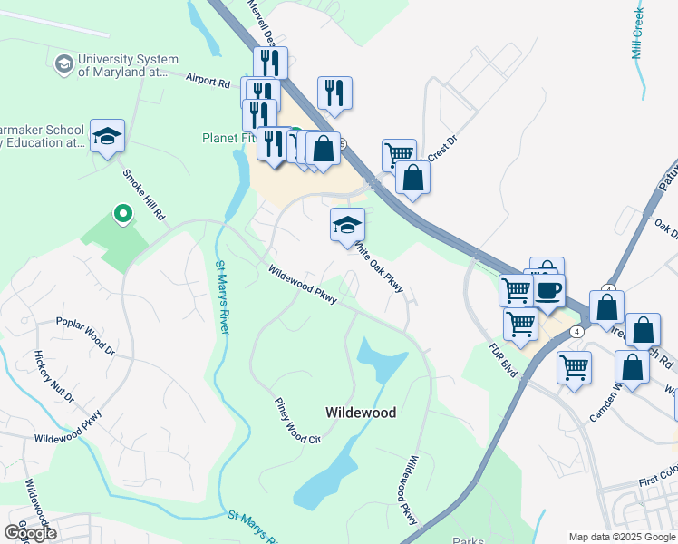 map of restaurants, bars, coffee shops, grocery stores, and more near 23247 White Birch Court in California