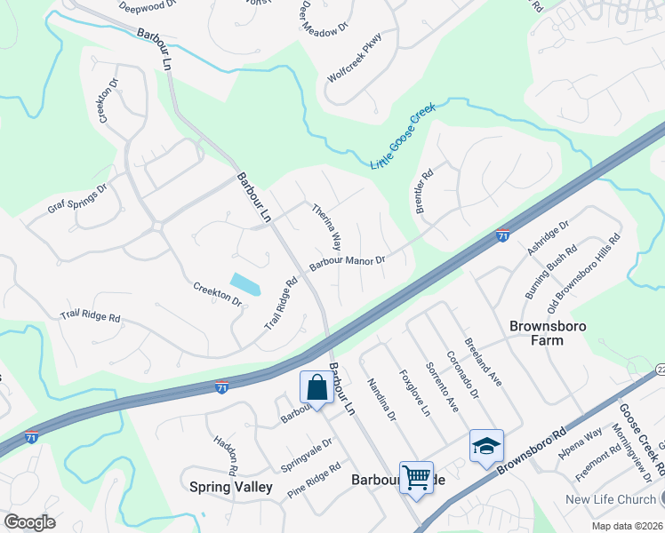 map of restaurants, bars, coffee shops, grocery stores, and more near 7808 Barbour Manor Drive in Louisville