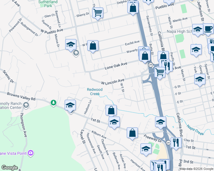 map of restaurants, bars, coffee shops, grocery stores, and more near 2119 West Lincoln Avenue in Napa