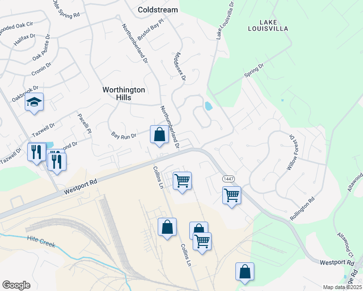 map of restaurants, bars, coffee shops, grocery stores, and more near 4603 Westport Ridge Court in Louisville