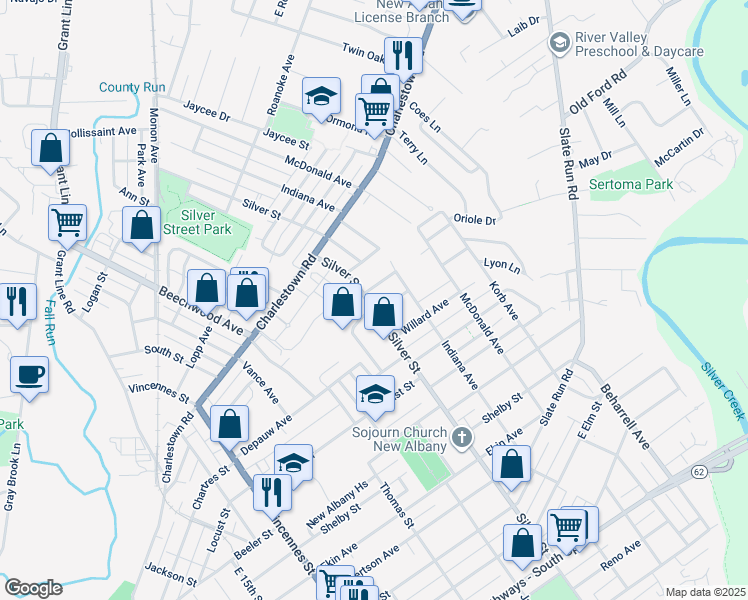 map of restaurants, bars, coffee shops, grocery stores, and more near 1406 Silver Street in New Albany