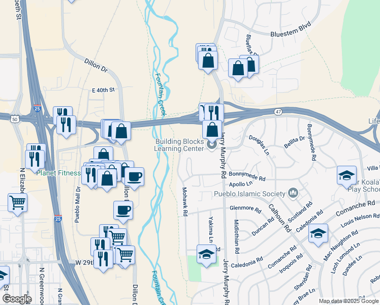 map of restaurants, bars, coffee shops, grocery stores, and more near 16 Montebello Road in Pueblo