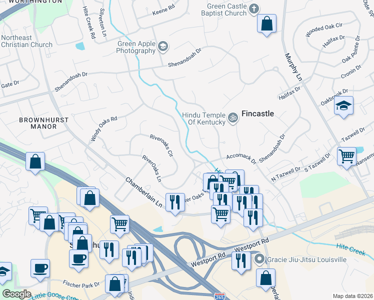 map of restaurants, bars, coffee shops, grocery stores, and more near 4317 Accomack Drive in Louisville