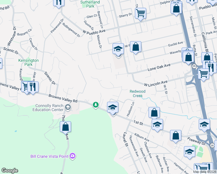 map of restaurants, bars, coffee shops, grocery stores, and more near 3130 Kingston Avenue in Napa