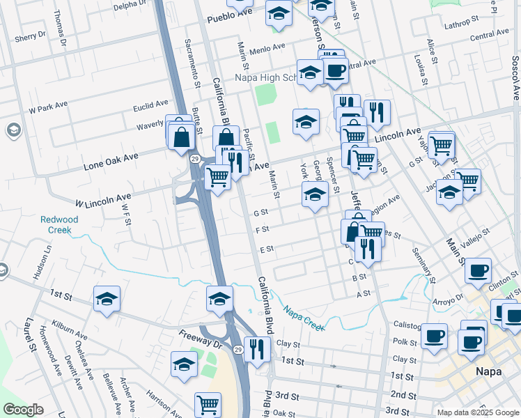 map of restaurants, bars, coffee shops, grocery stores, and more near 1750 G Street in Napa