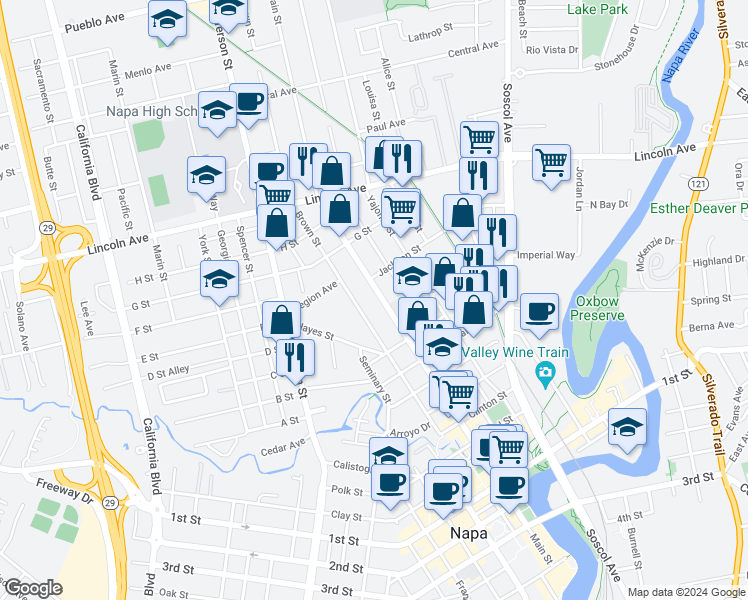 map of restaurants, bars, coffee shops, grocery stores, and more near 1846 Main Street in Napa