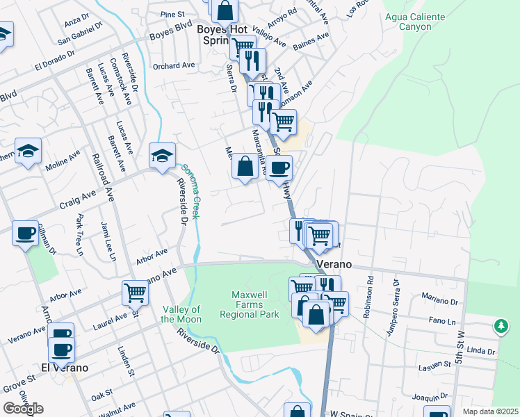 map of restaurants, bars, coffee shops, grocery stores, and more near 18869 Fairview Lane in Sonoma