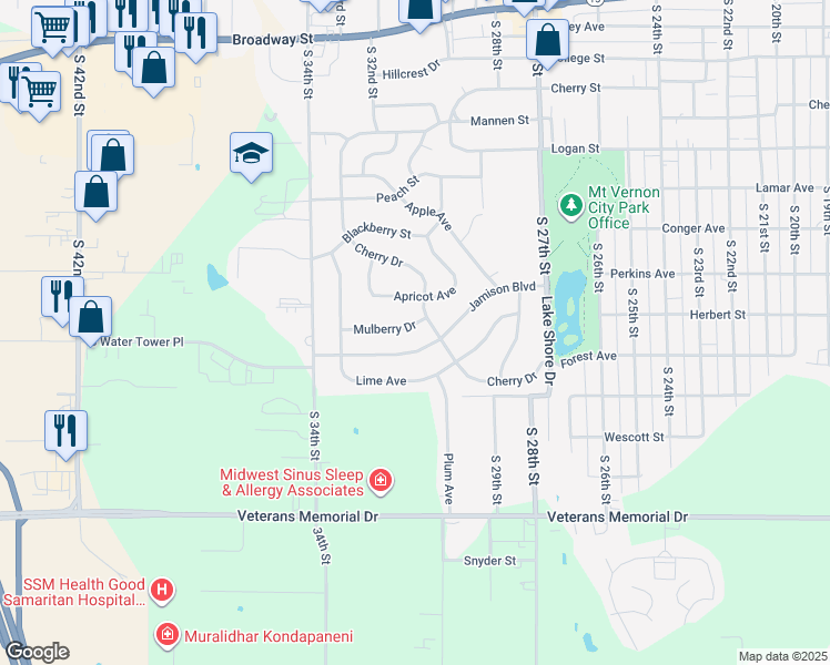 map of restaurants, bars, coffee shops, grocery stores, and more near 3101 Mulberry Avenue in Mount Vernon