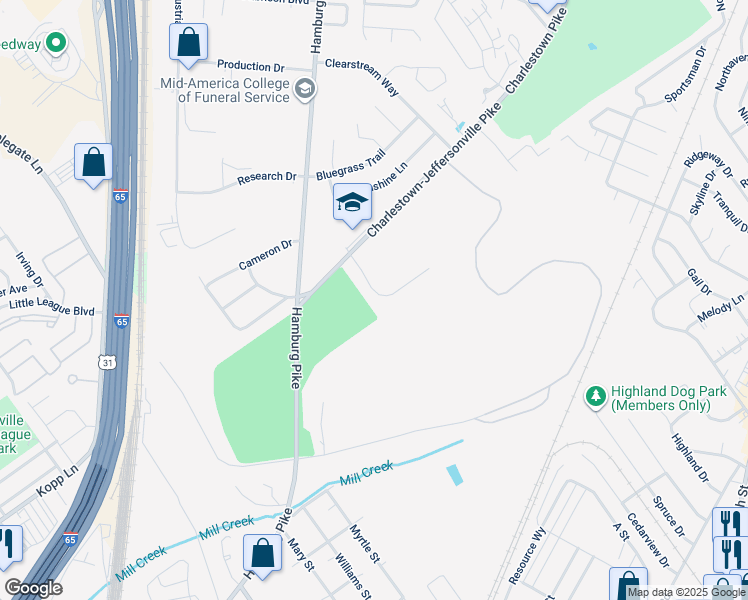 map of restaurants, bars, coffee shops, grocery stores, and more near 2605 Whitehorse Vale Drive in Jeffersonville